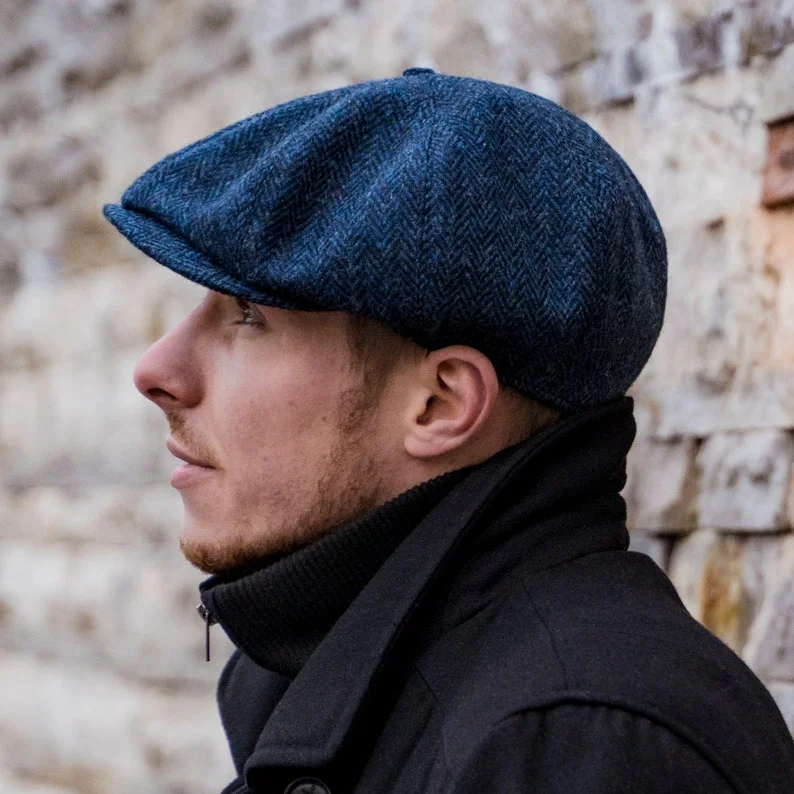 PEAKED CAPS Genuine Scottish Harris Tweed 8 Panels Newsboy Cap Apple Bandit Hooligan Blinder Hat Shelby Wool Large Crown BLUE-bLACK