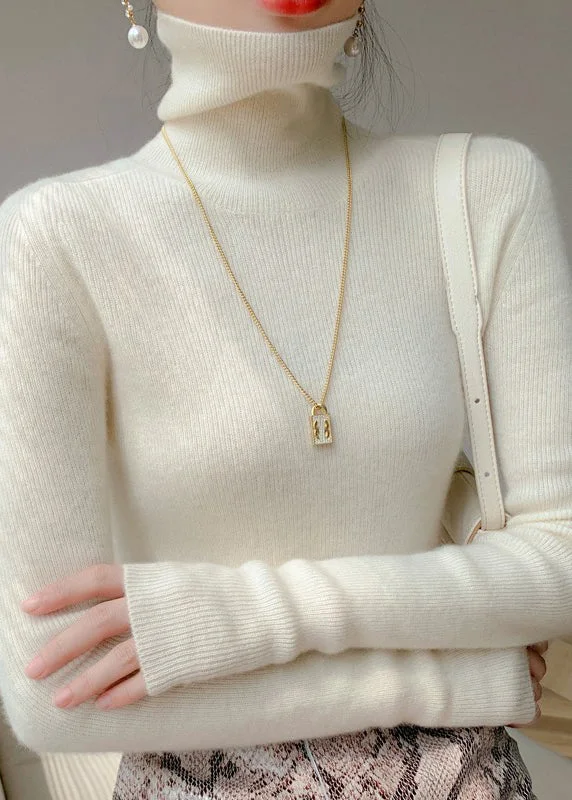 Simple White Hign Neck Warm Woolen Short Sweater Winter