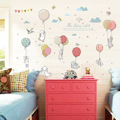 Cartoon Cute Balloon Flying Rabbit Wall Stickers for Kids Room Party Decoration Bird and Cloud Pattern Furniture For Living Room