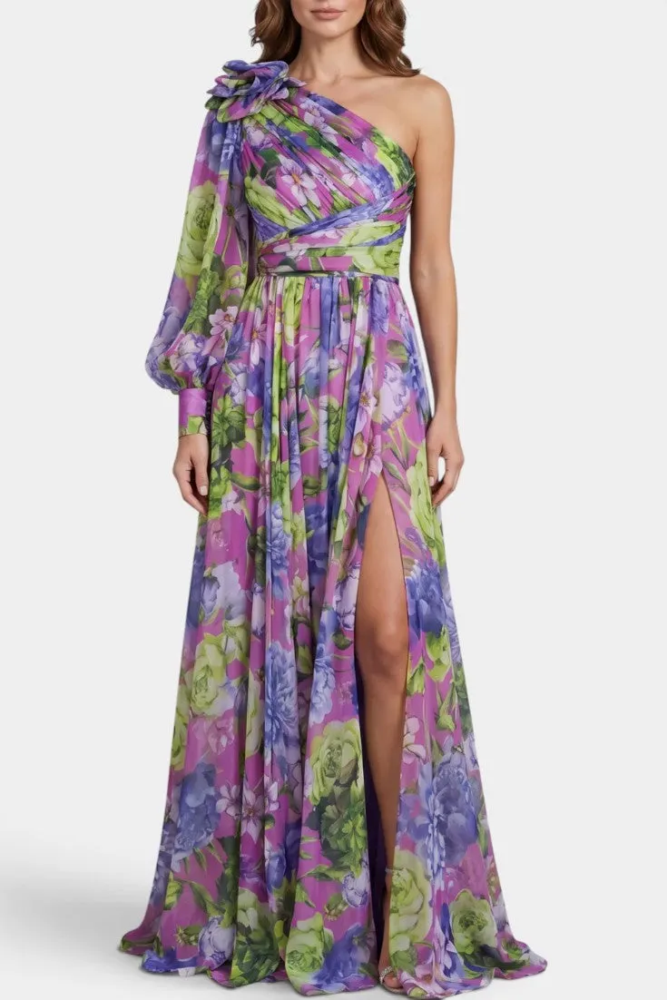 Asymmetric Floral Maxi with Dramatic Sleeve & High Slit