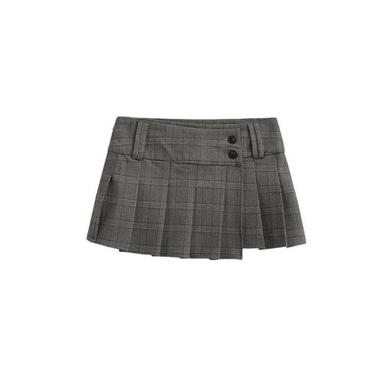 Safety Shorts Lined Button Detail Plaid Pleated Skirt High Waist Casual Mini Skirt