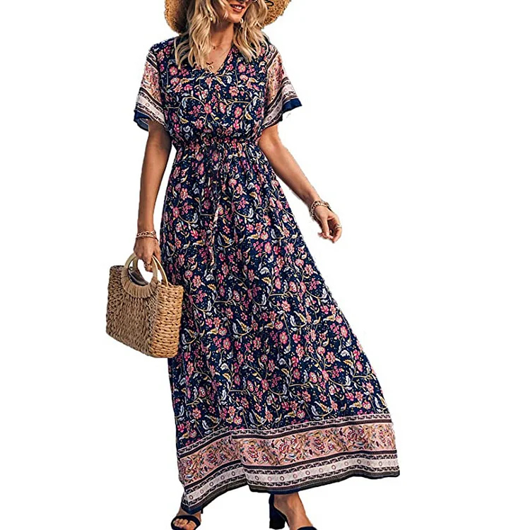 Women's Summer Bohemian Square Neck Floral Print Ruffle Vintage Flowy Beach Vacation Long Midi Boho Dress