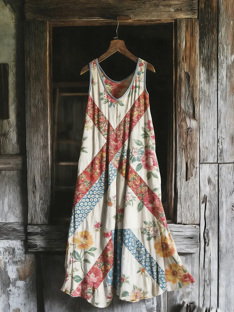 Women's Vintage Floral Colorblock Spaghetti Strap Cotton Dress