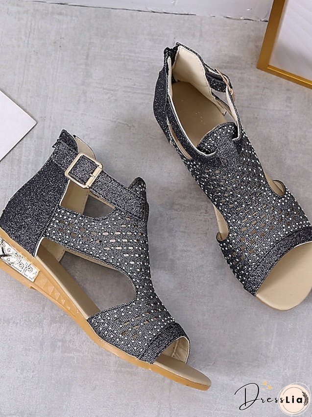 Womens Sandals Wedge Plus Size Party Outdoor Work Summer Spring Rhinestone Heel Peep Toe