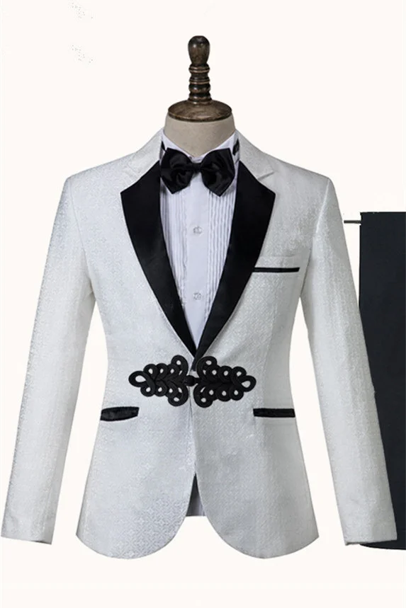 Daisda Gorgeous White Jacquard Knitted Button Wedding Tuxedo With Shawl Lapel