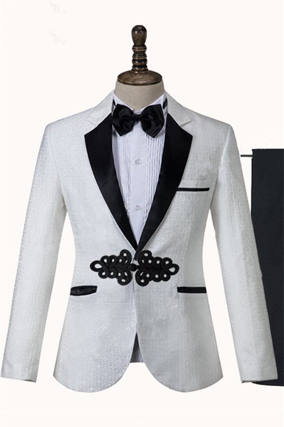 White Jacquard Knitted Button Chic Wedding Tuxedo With Shawl Lapel | Ballbellas Ballbellas