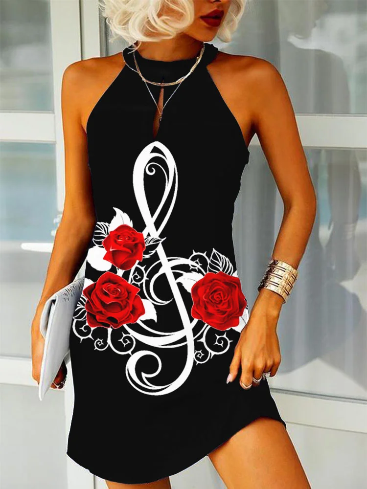 Musical Notes With Red Roses Mini Dress