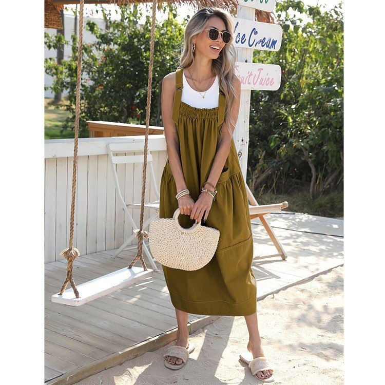 Women's Cotton Overall Dress Loidumv Women's Cotton Overall Midi Dress  Loose  Fit Jumper Dress With Pockets, Adjustable Straps, Casual Travel Wear  Adjustable Strap Barrel Dress