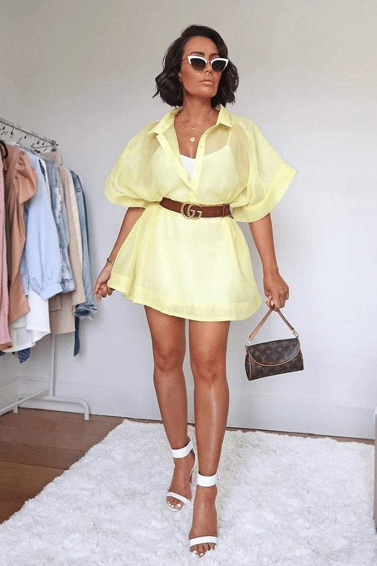 Yellow Mesh Shirt Dress - Celine Katch Me