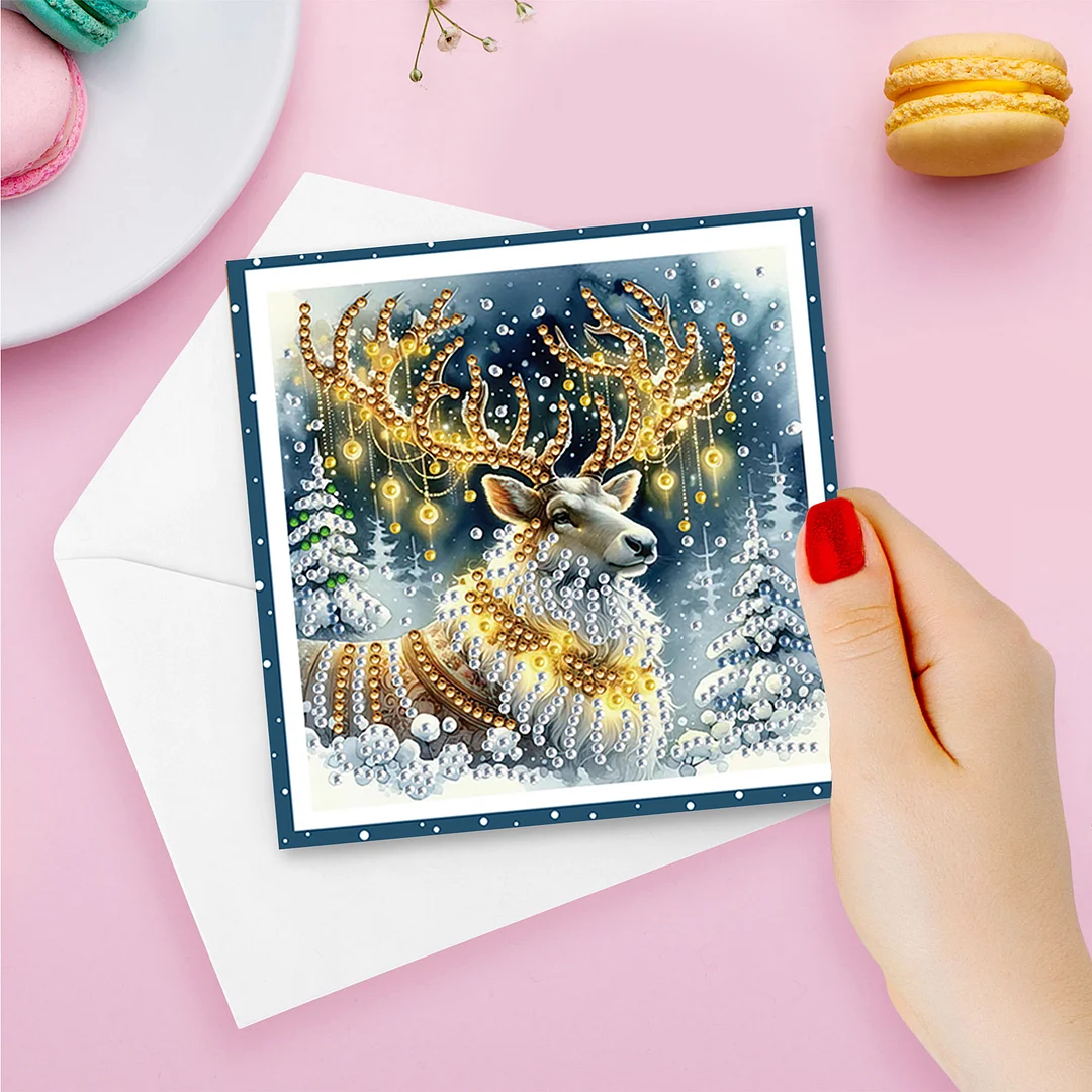 6pcs DIY Christmas Deer DIY Diamond Painting Greeting Card for Friends Family Gift【With White Envelope】