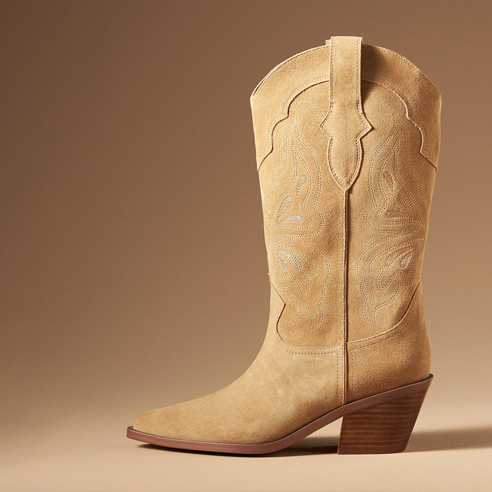 Beige Faux Suede Snip Toe Embroidered Mid-Calf Cowgirl Boots With Chunky Heels