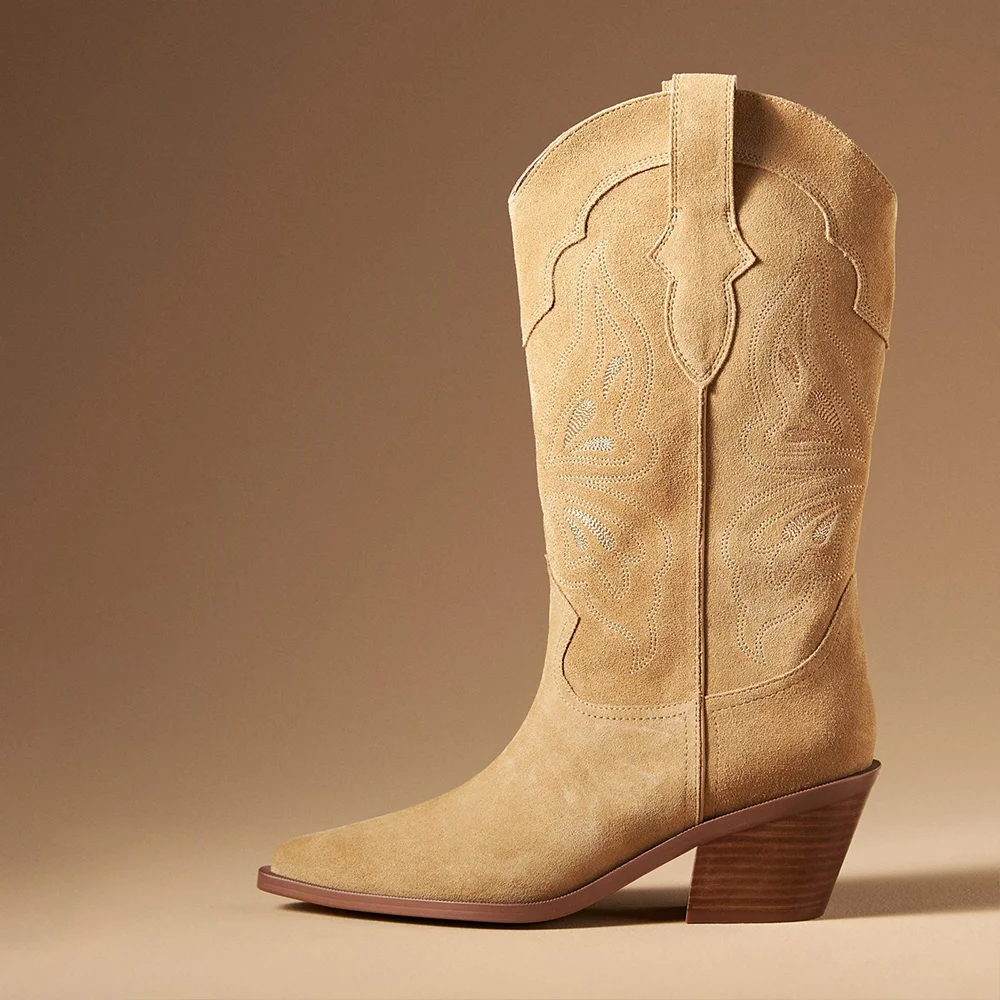 Beige Faux Suede Snip Toe Embroidered Mid-Calf Cowgirl Boots With Chunky Heels Nicepairs