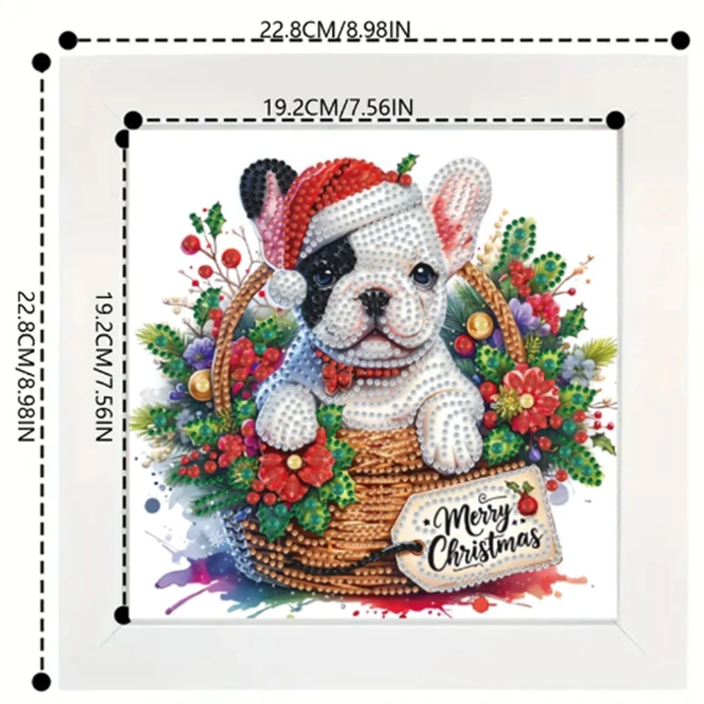 5D DIY Partial Special Shaped Drill Diamond Painting Xmas French Bulldog 22.8x22.8cm【With Frame】
