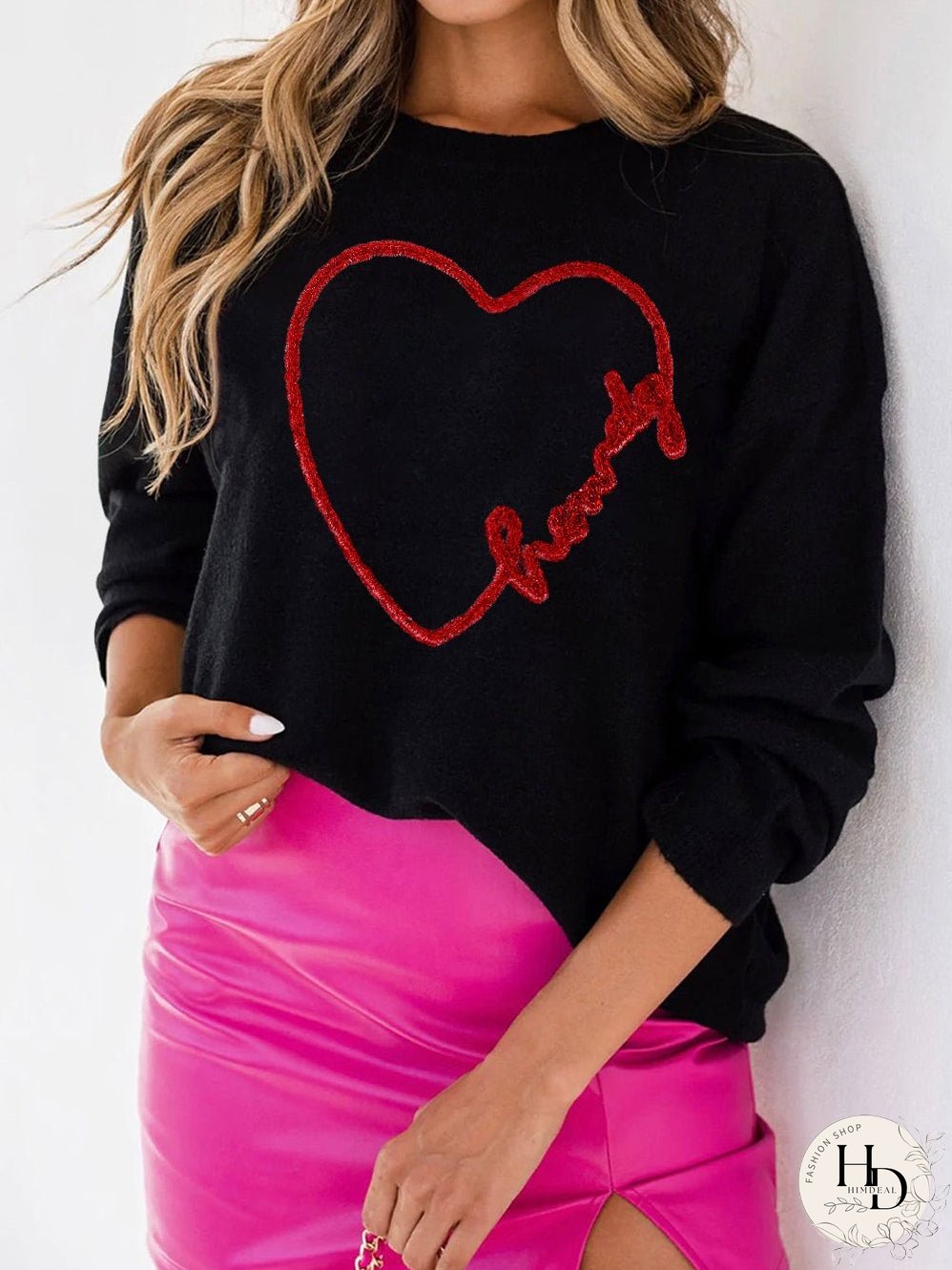 Heartfelt Black Graphic Round Neck Sweater