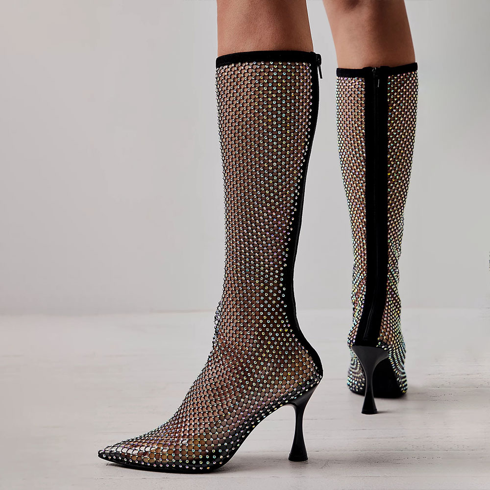Black Fishnet Rhinestone Pointed Toe Spool Heel Zipper Knee High Boots Nicepairs
