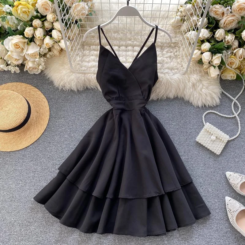 FTLZZ 2021 New Summer Spaghetti Strap Dress Female Sexy V Neck Backless High Waist Dress Ladys Red Yellow White Ball Gown Dress