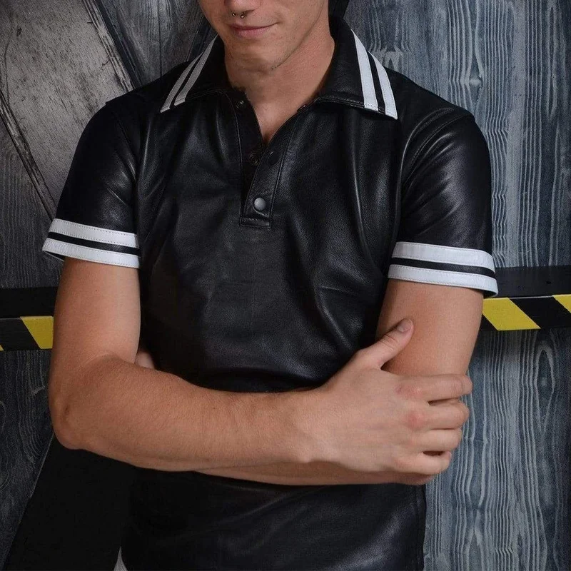 Stripe Splicing Leather Short Sleeve Polo Top