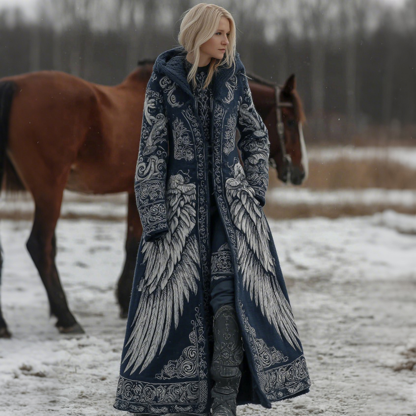 Women's Vintage Viking Celtic Pattern Art Knit Cozy Hooded Cardigan elevenforest