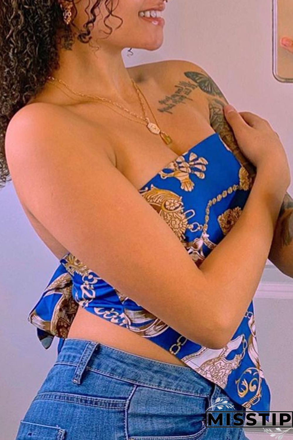 Blue Fashion Sexy Print Backless Strap Design Strapless T-Shirts