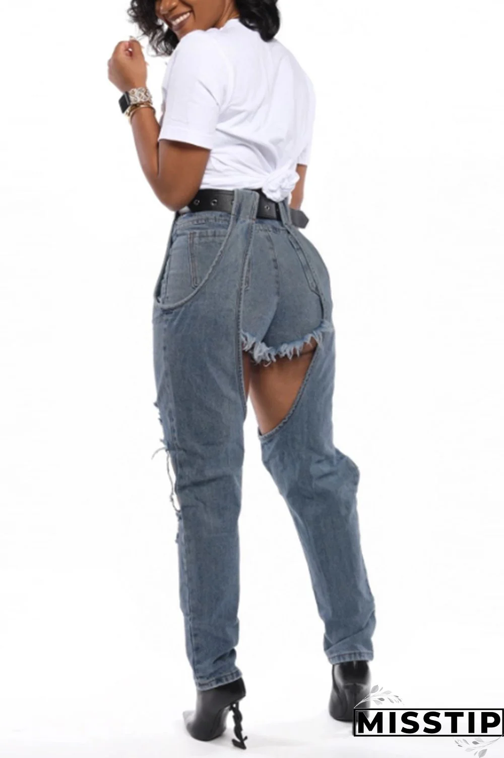 Light Blue Denim Zipper Fly Mid Solid Patchwork washing pencil Pants Pants