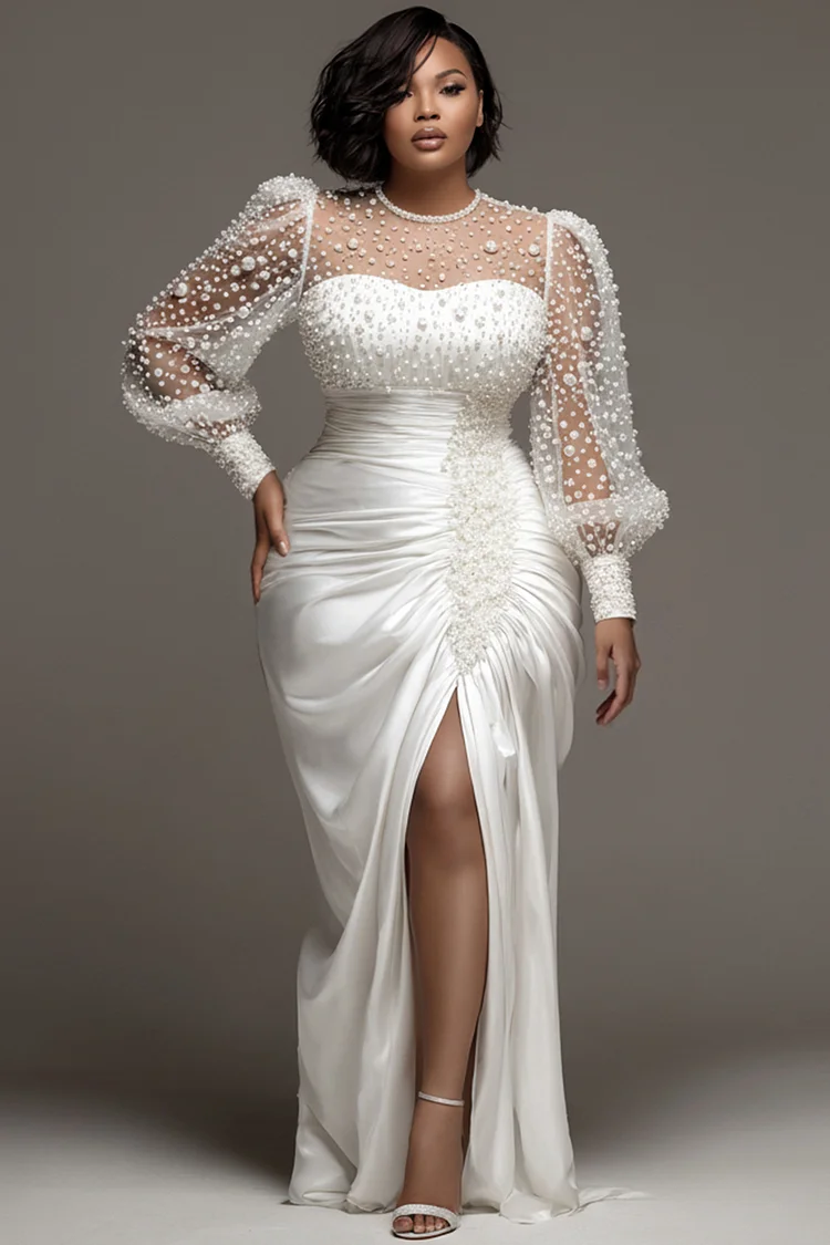 Xpluswear Design Plus Size Wedding Tulle White Round Neck Puff Sleeve Long Sleeve See Through Pearls Satin Maxi Dresses 2024 - Xpluswear