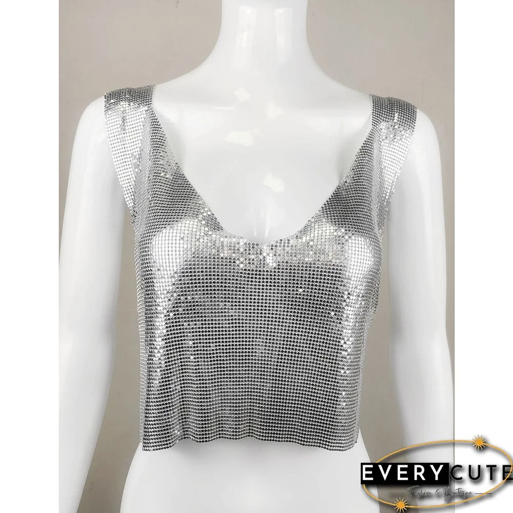 Silver Sequined V Neck Sleeveless Cropped Tank Top