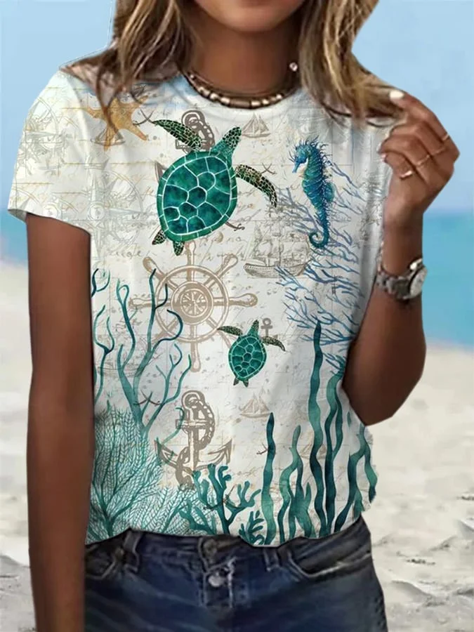 🔥Buy 3 Get 10% Off🔥Women's Vacation Turtle Print Casual T-Shirt