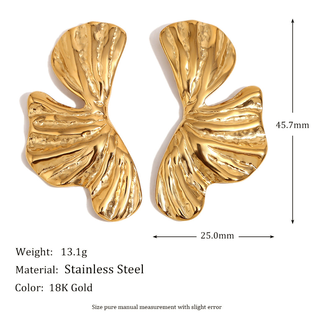 Ins Fashion Retro Ginkgo Leaf Earrings Stainless Steel 18K Gold Plated Hydraulic Symmetrical Petal Earrings For Women