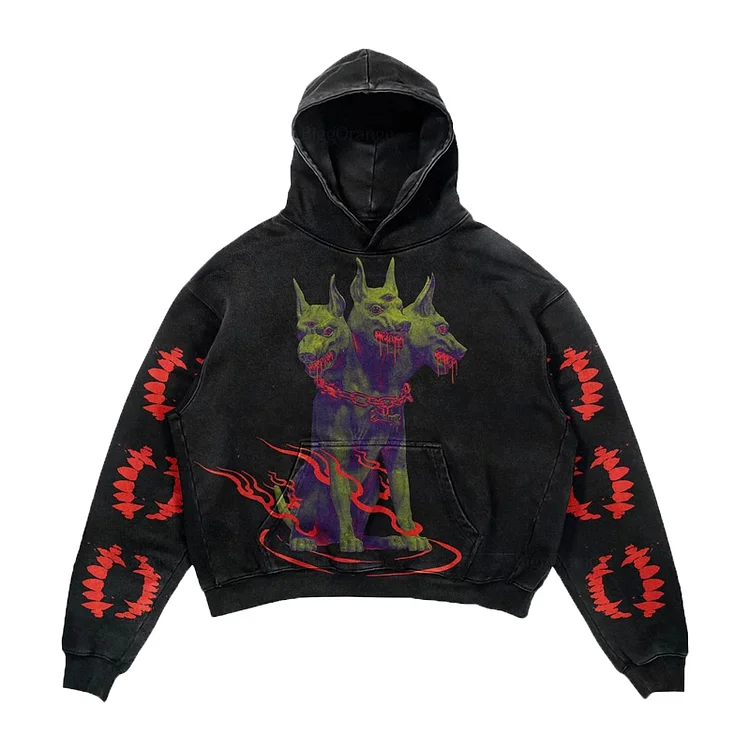 Happy Demon Dog Printing Hoodies Retro Streetwear Casual Sweatshirts Goth Clothes at Hiphopee