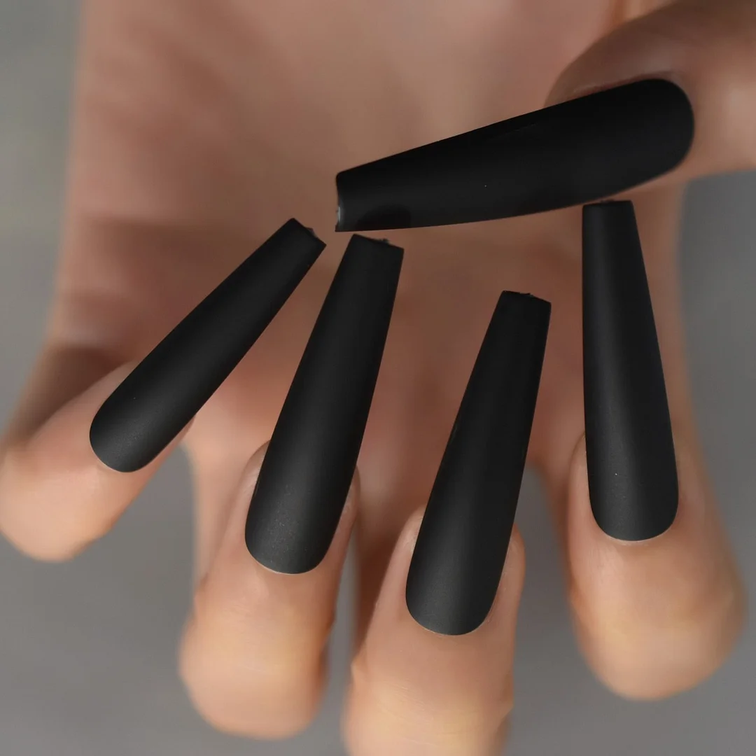 Black Fingernails Super Extra Long Coffin Slim Fake Nails For Women Matte Acrylic Nail Tips DIY Wholeslae Supplies Manicure-Nail Inspo