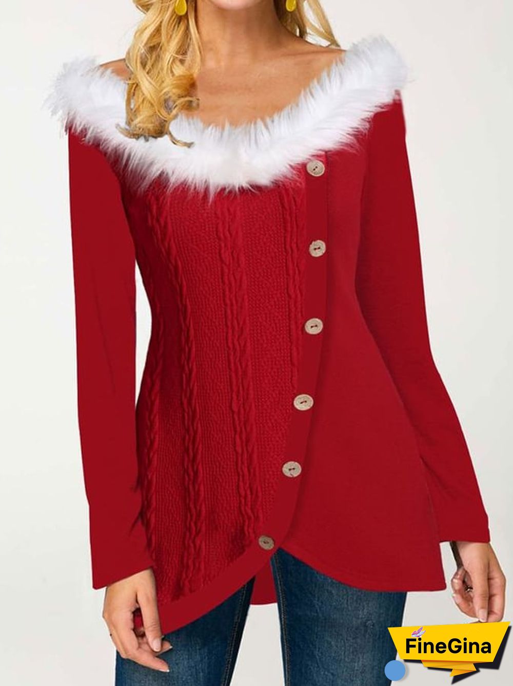 Women's Christmas Fur Collar V-neck Irregular Hem Casual Top