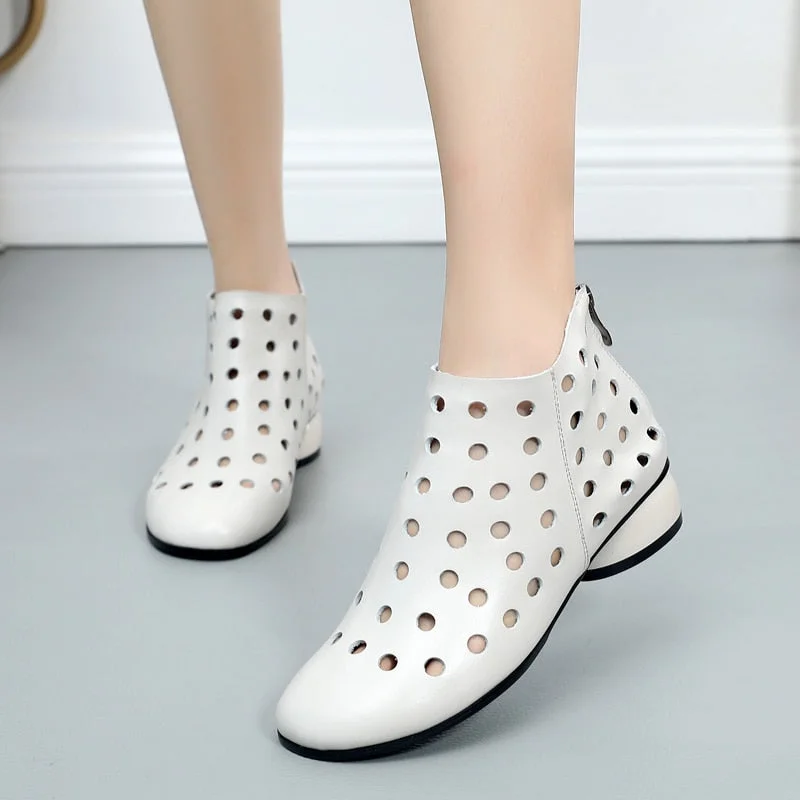 GKTINOO 2021 Summer Ankle Boots Genuine Leather Shoes Women Med High Heel Back Zipper Boots Cutout breathable Mujer Zapatos