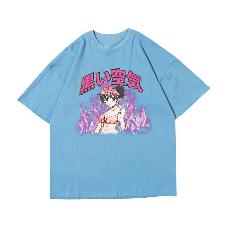 Harajuku Blue T-Shirt Women Oversized Cartoon  T Shirts Streetwear Summer Half Sleeve Casual Cute Tops High Street Tshirt Women