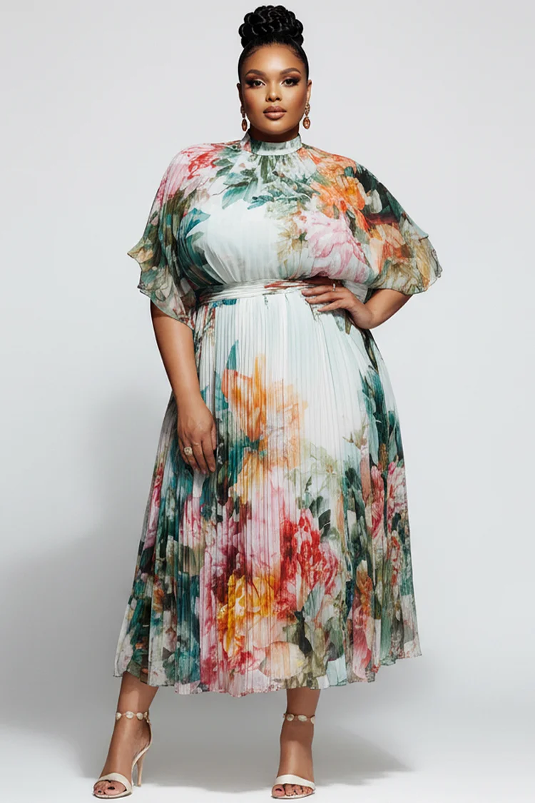 Xpluswear Design Plus Size Wedding Guest Elegant Sage Green Floral Mock Neck Short Sleeve Pleated Chiffon Midi Dresses [Pre-Order] 2024 - Xpluswear