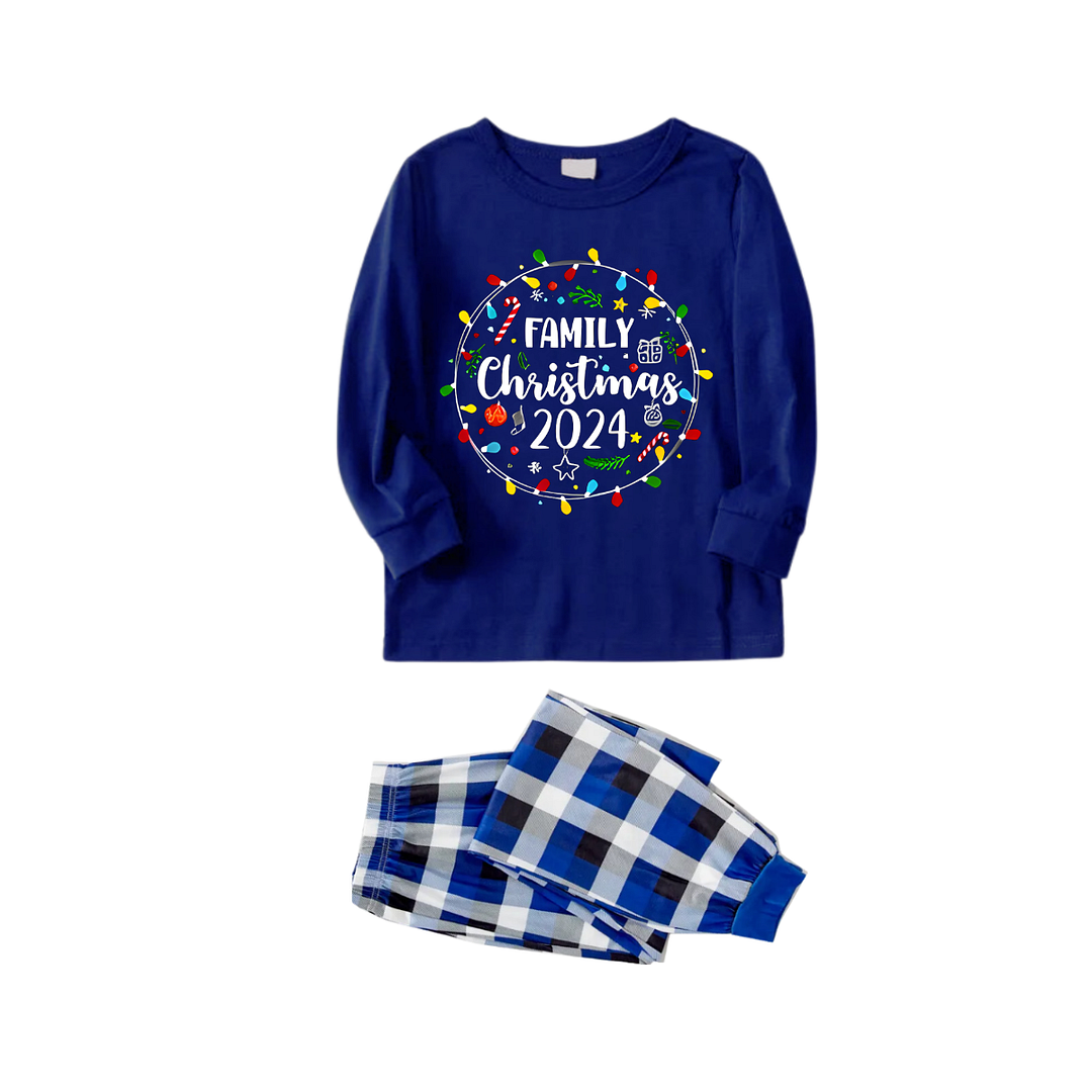 "Family Christmas 2024" Text and Christmas Light Printed Blue and White Plaid Family Matching Pajamas