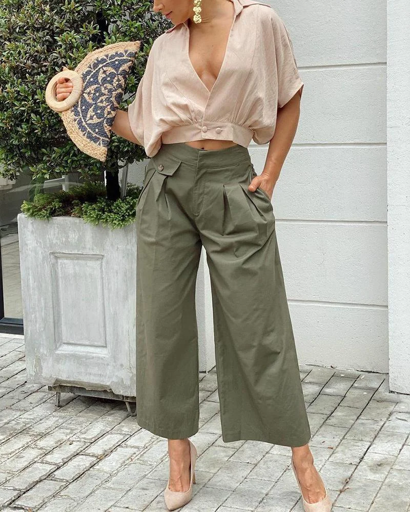 Two Piece Set of Short Sleeve Casual Top & Solid Color Pants