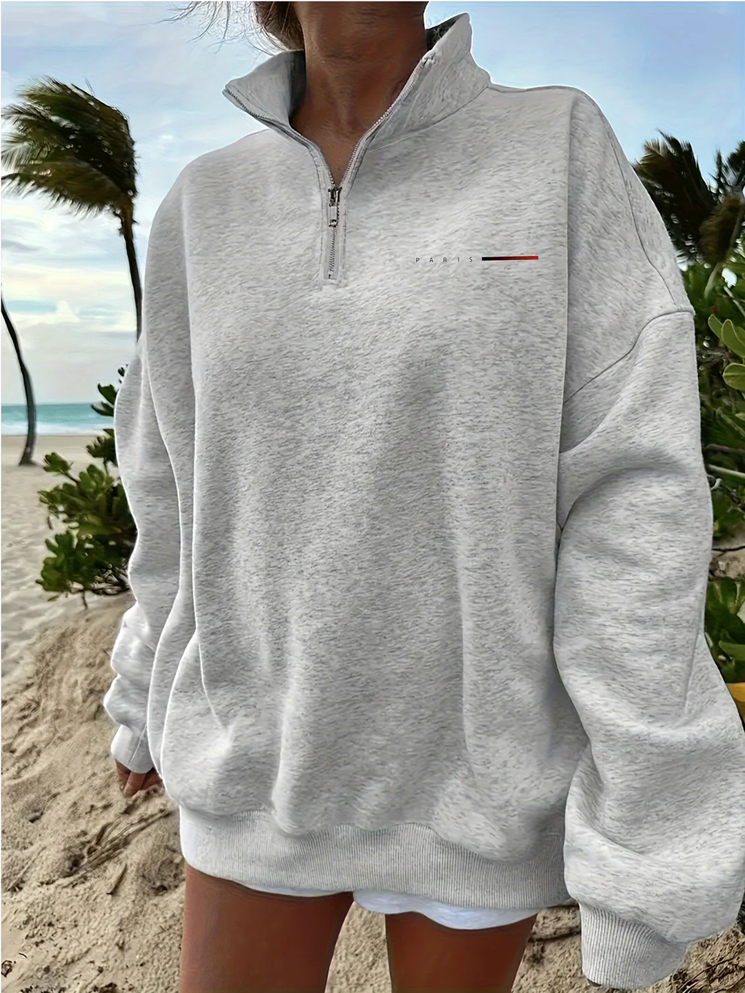 Sy5019 Women's High-Neck Zip-Up Sweatshirt - Sporty Long Sleeve Crewneck With Paris Print, Black, All-Season Casual & Travel Wear, Machine Washable, Pullover Style, Sweater Hoodie | IFYHOME