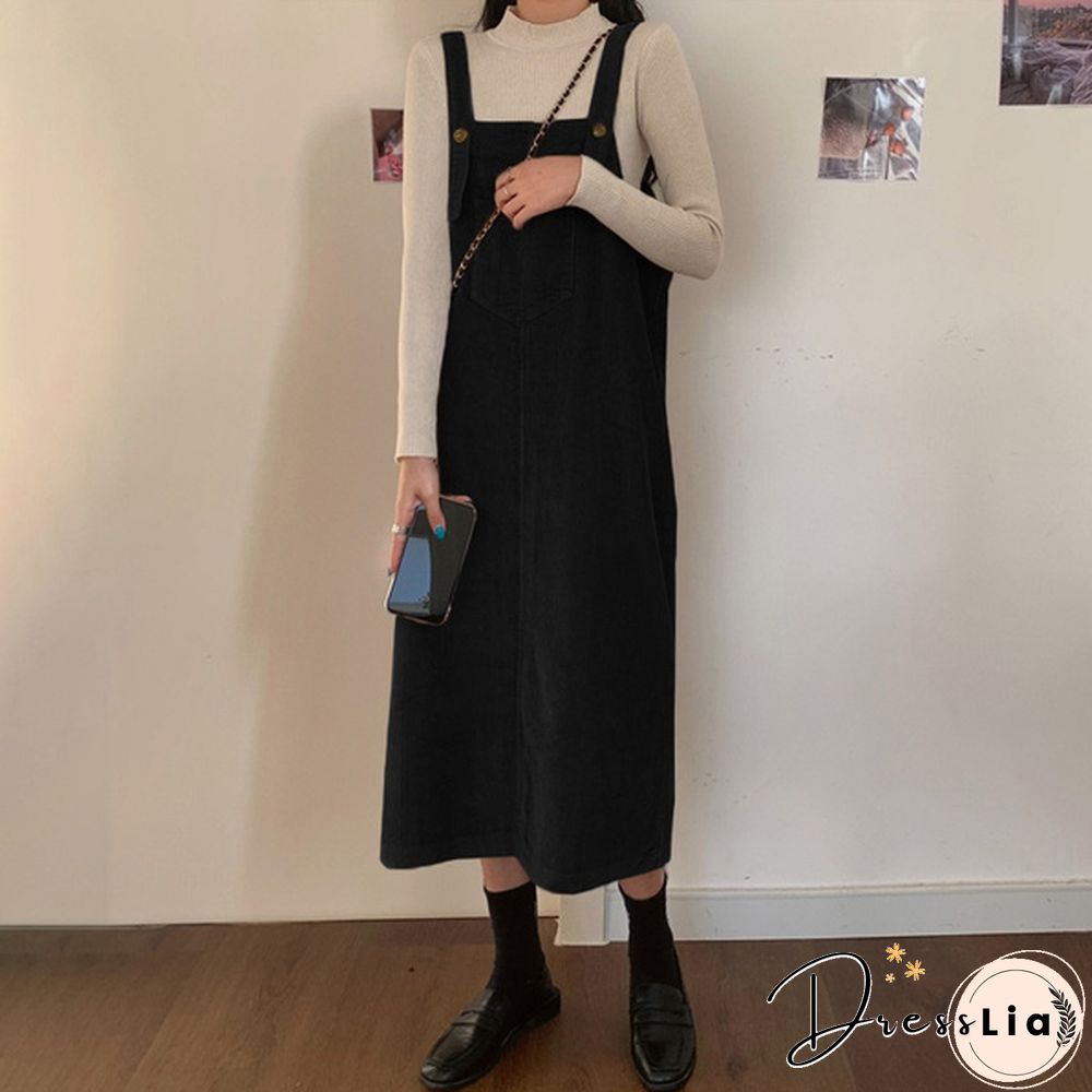 Women Winter Sleeveless Corduroy Casual Loose Warm Midi Tank Dress Sundress