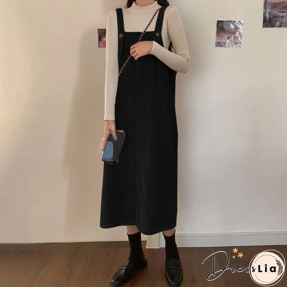 Women Winter Sleeveless Corduroy Casual Loose Warm Midi Tank Dress Sundress