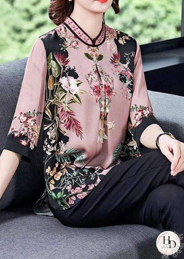 Stylish Pink Stand Collar Print Side Open Silk Shirt Tops Half Sleeve