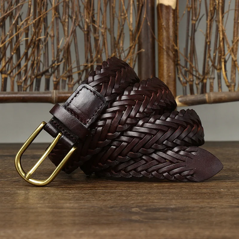Women's Leather Woven Belt Cowhide Hand-woven Pin Buckle Casual Belt