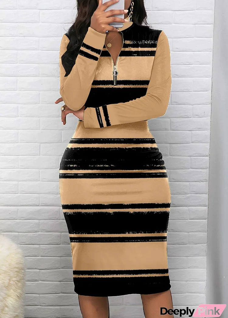 Light Camel Zipper Striped Long Sleeve Bodycon Dress