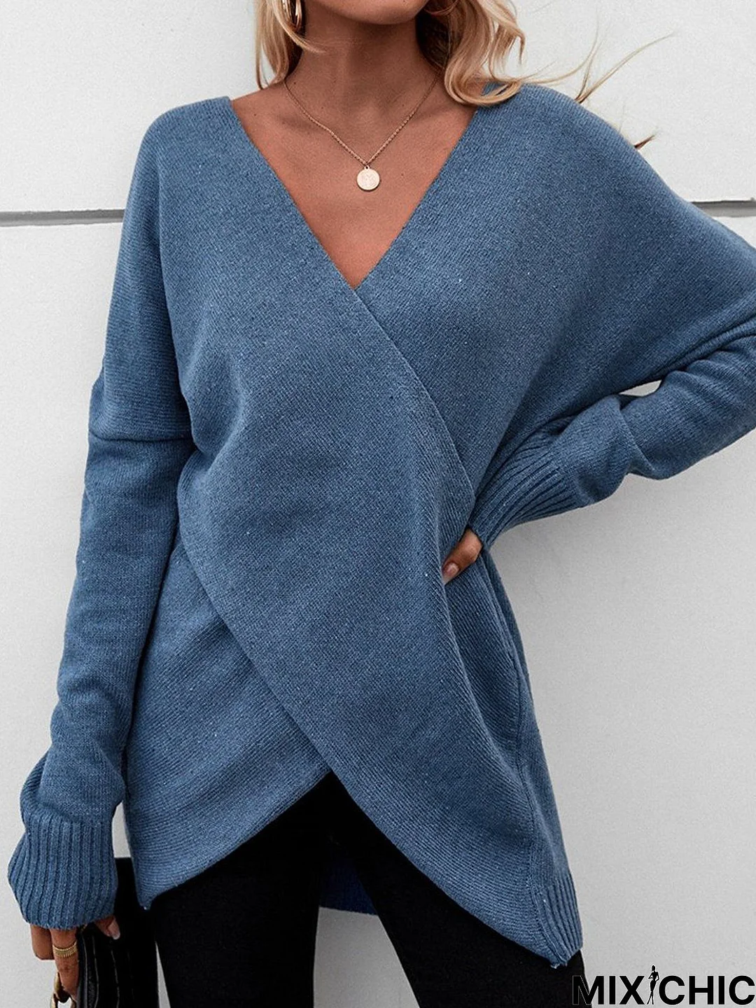 Plain Long Sleeve Cross Neck Irregular Craftsmanship Casual Sweater