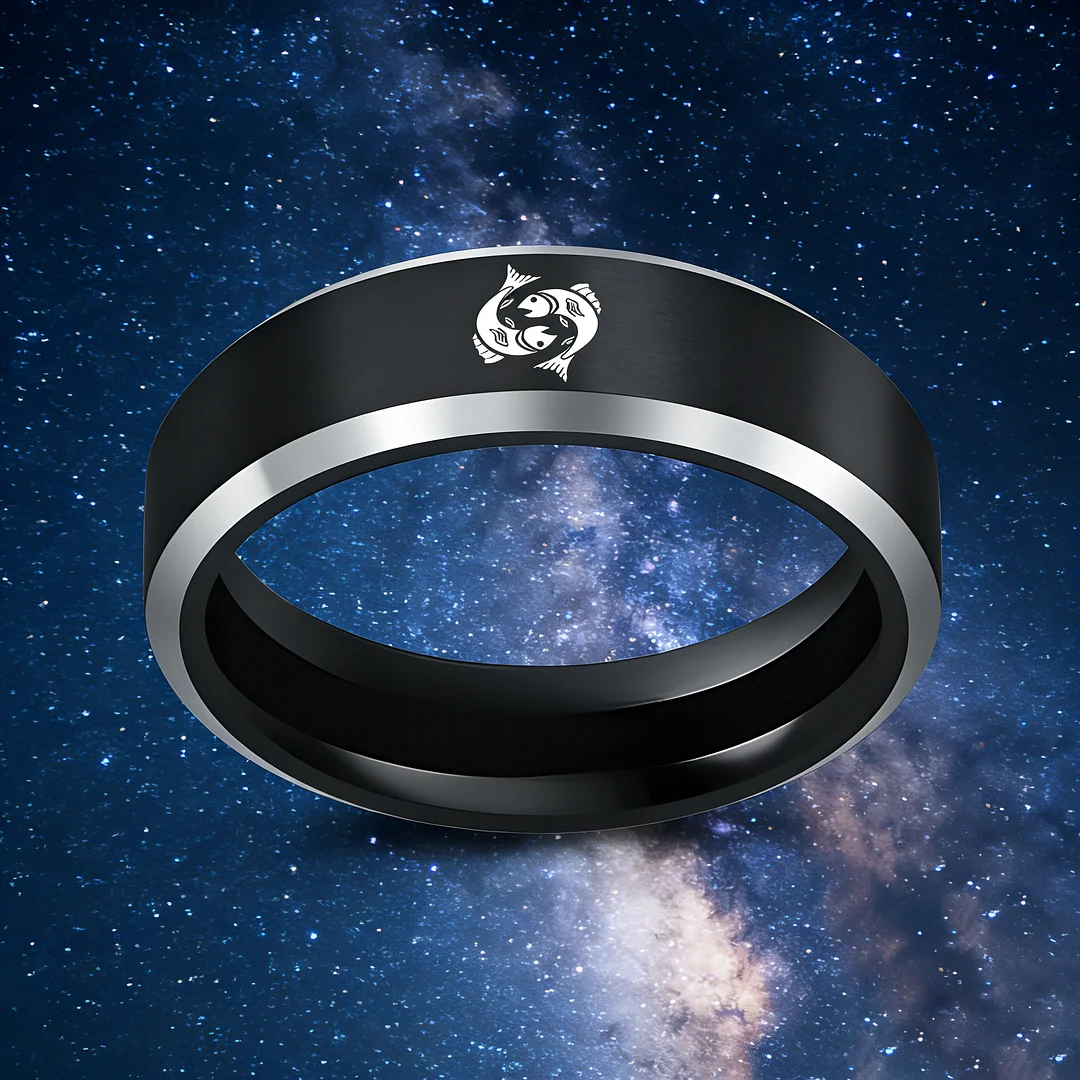 Mens Womens Black Pisces Tungsten Carbide Rings Black Edges and Laser Etched Wedding Bands Comfort Fit 4MM 6MM 8MM