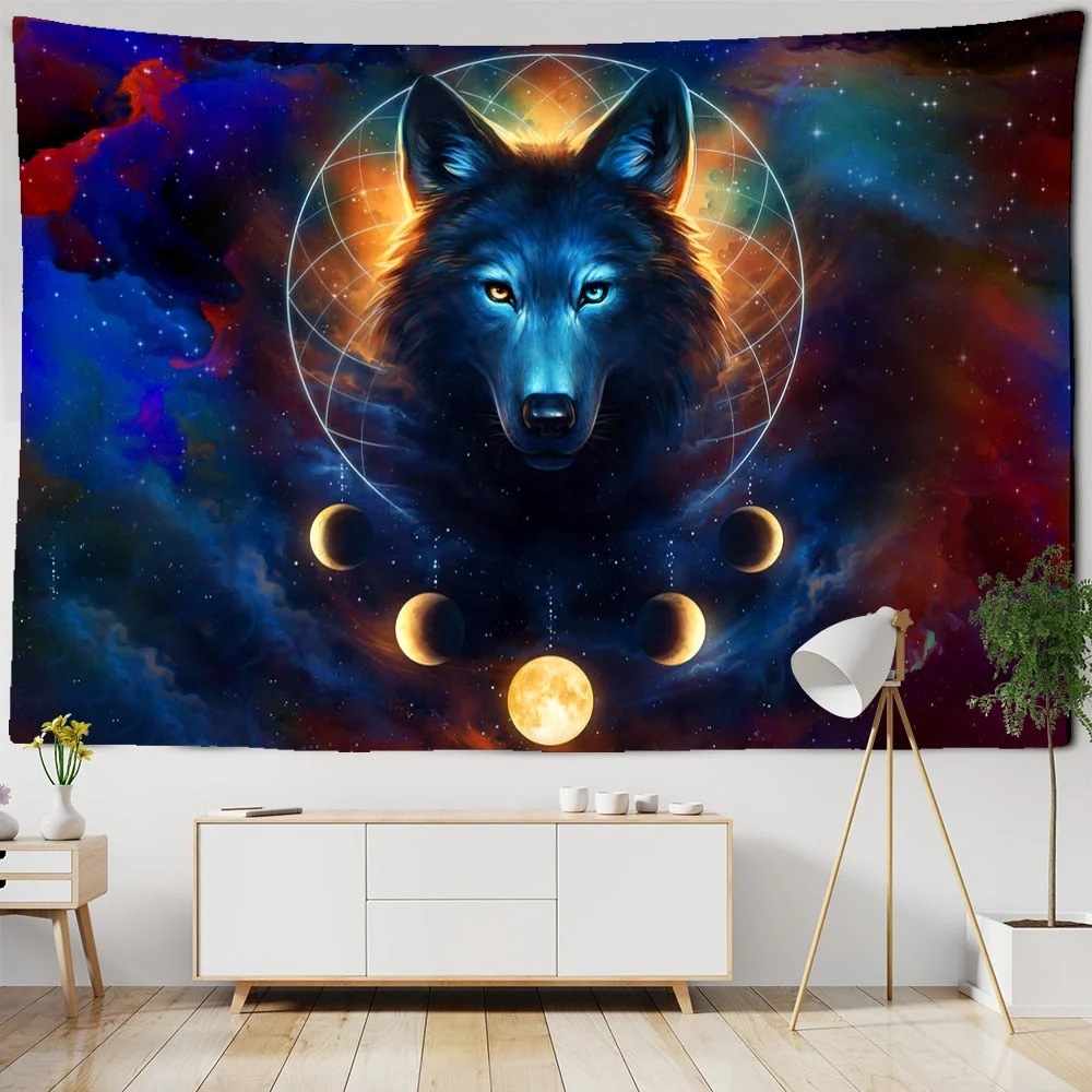 Snow Wolf Tapestry Wall Hanging Psychedelic Witchcraft Bohemian Mysterious Art Landscape Room Home Decor