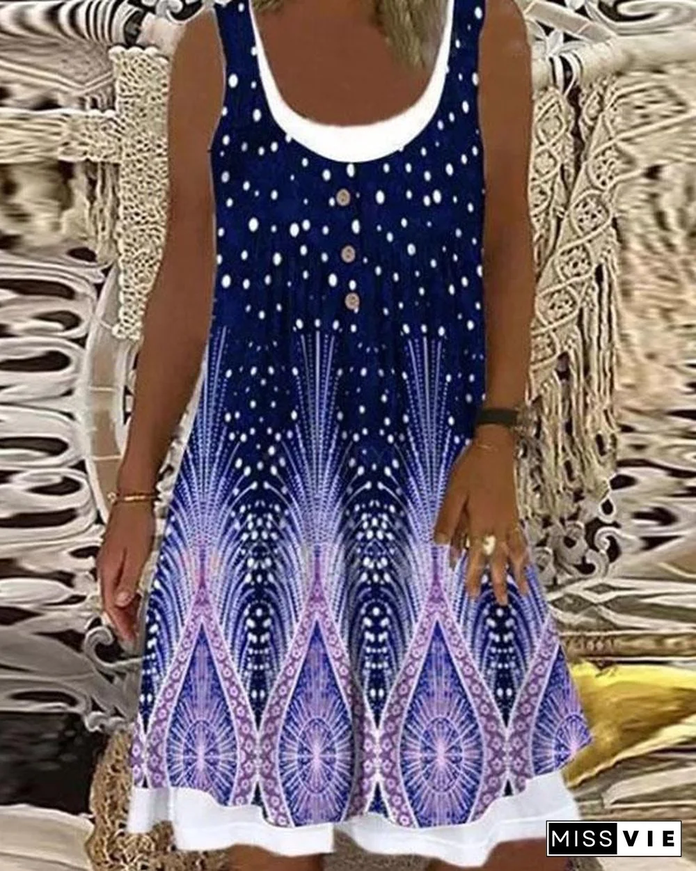 Vintage Feather Print Patchwork Tie Dye Midi Dress