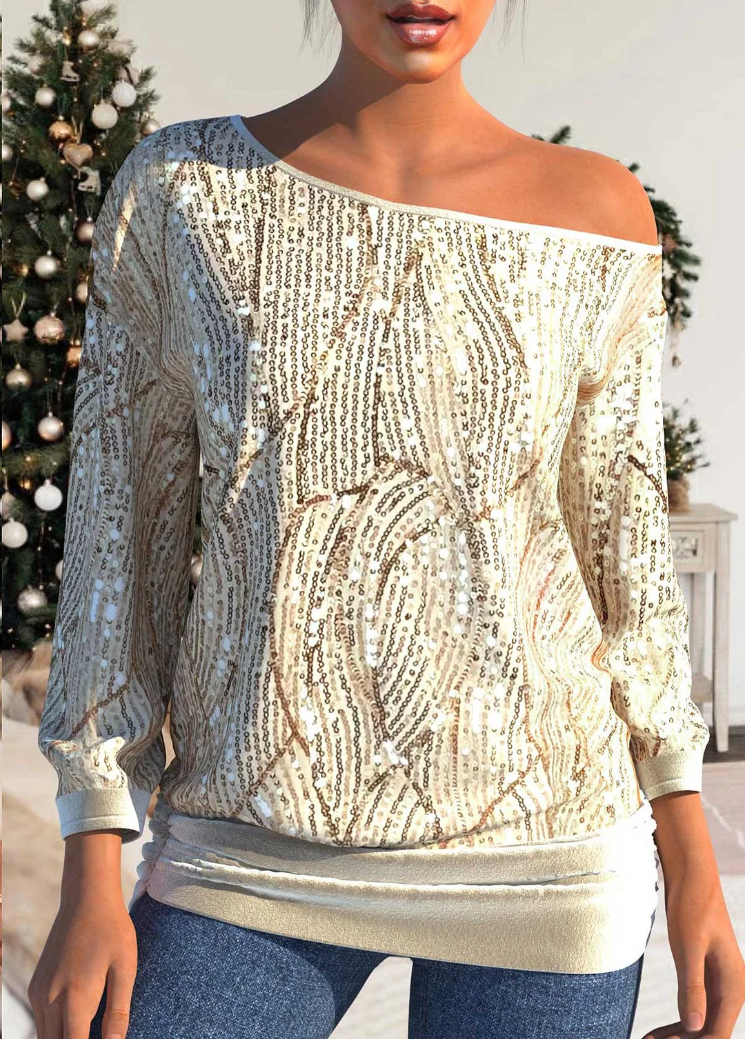 Champagne Sequin 3/4 Sleeve Skew Neck T-Shirt