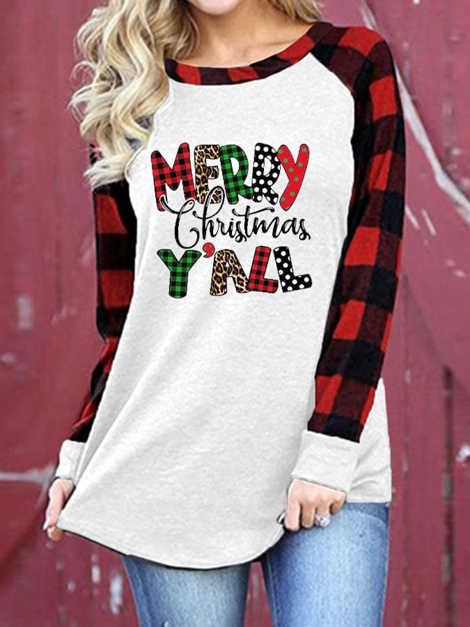 Women's Merry Christmas Yall Leopard Print Colorblock Plaid T-Shirt
