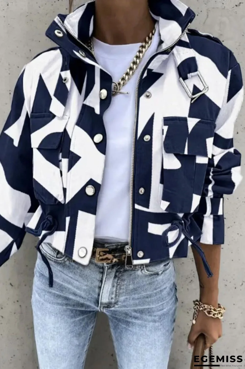 Deep Blue Casual Print Patchwork Cardigan Mandarin Collar Outerwear | EGEMISS
