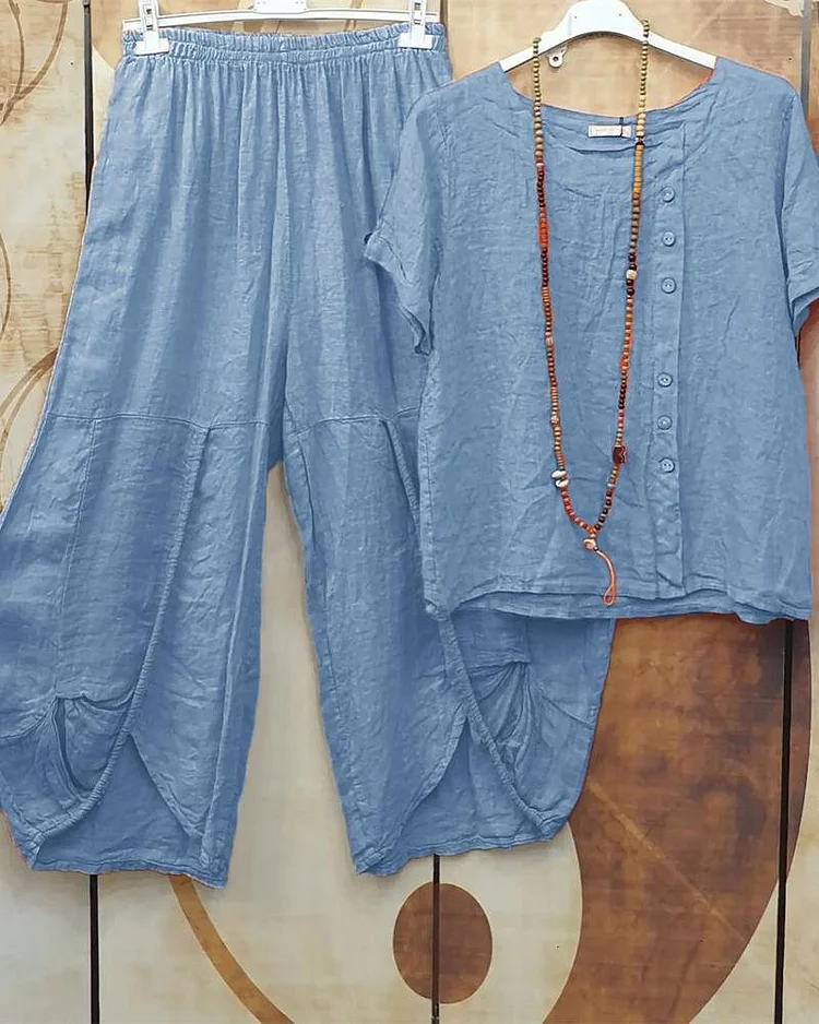 Women's Solid Color Cotton Linen Shirt & Pants Relaxed Fit S-5XL Loose Button Harem Pants & Short Cotton Linen Two-piece Matching Set
